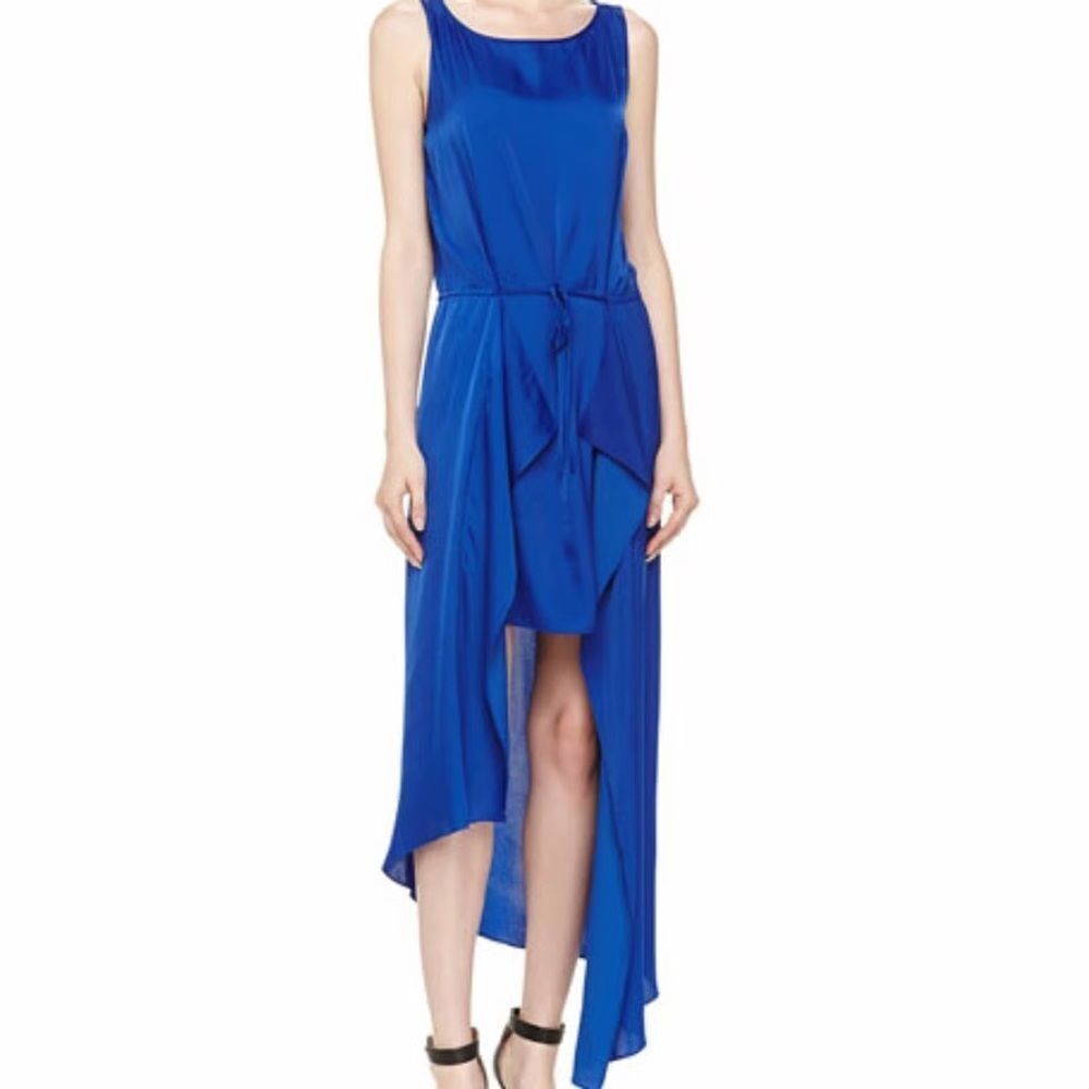 Sleeveless High-Low Blue Dress with Tie Waist